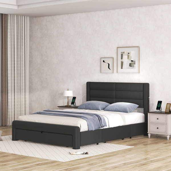 Latitude Run® Queen Leather Bed Frame with Drawers Wayfair